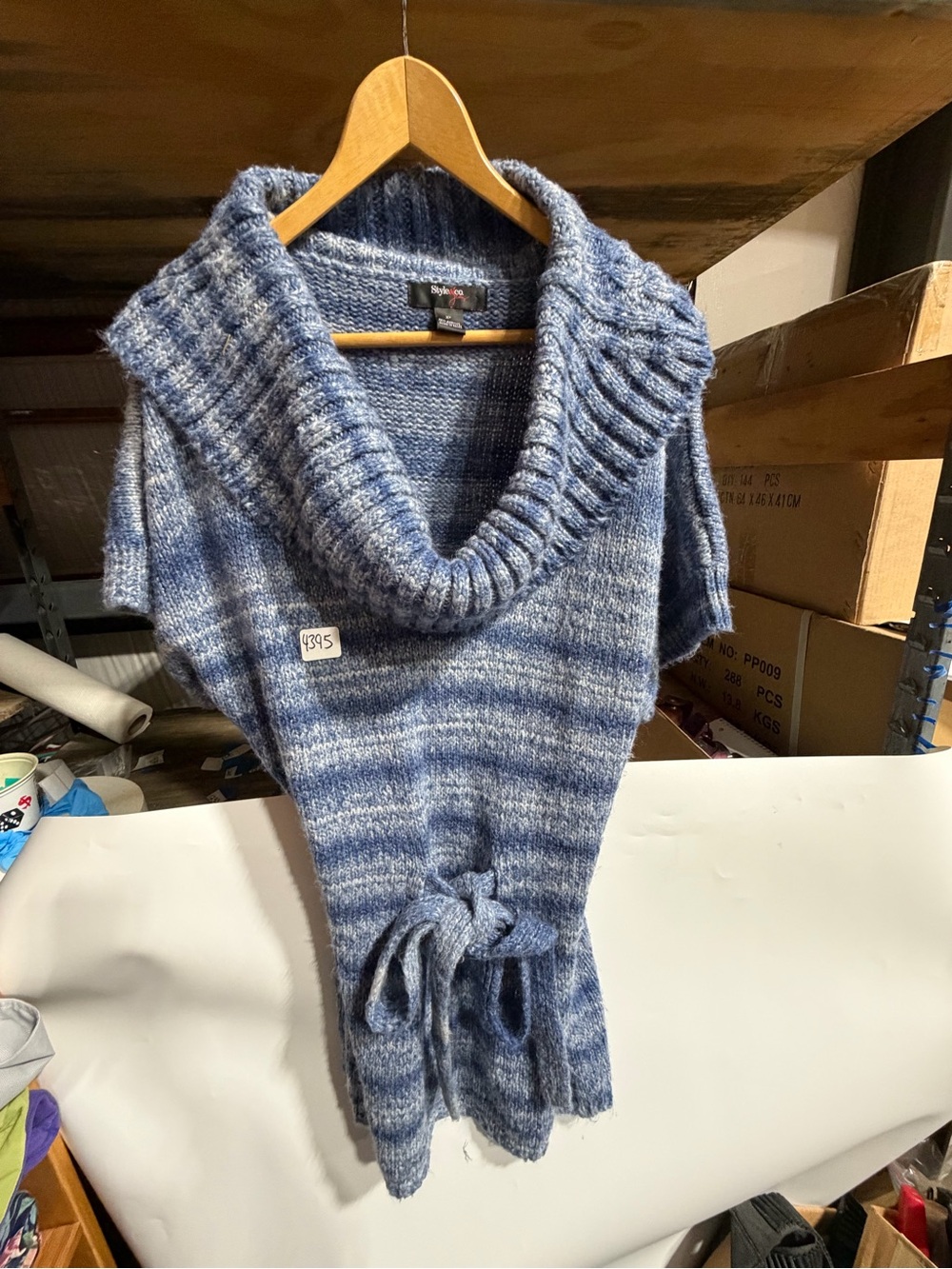 #4395-Style & Co. Blue Marled Cowl-Neck Tie-Waist Short-Sleeve Sweater